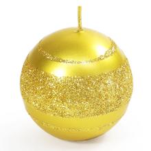 Zlatá vianočná sviečka s glitrom v tvare guľe.