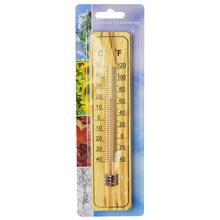 Vonkajší teplomer s dreveným dizajnom.