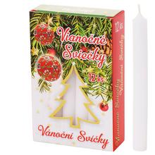 Biele vianočné sviečky v balení po 12 kusoch.