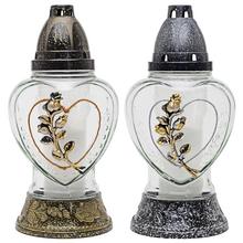 Náhrobné sviečky s ružovým vzorom v sklenenom kahanec.