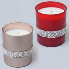 Sviečky v skle s vôňou, ružové zlato a červené.