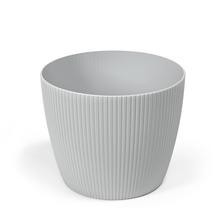 Okrúhly obal na kvetináče v jasnosivej farbe.
