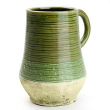 Keramická váza s uchom v zelených odtieňoch.