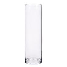 Priehľadná sklenená váza valcového tvaru.