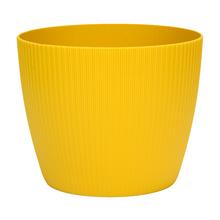 Žltý okrúhly kvetináč s jemným prúžkovaným vzorom.