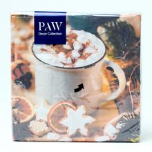 Vianočné servítky s motívom horúceho nápoja v šálke.