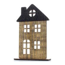 Drevený domček v zlatých a čiernych farbách.