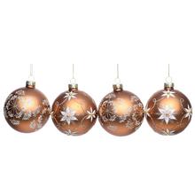 Sada sklenených vianočných gúľ v medenej, zlatej a bielej farbe s dekoratívnymi vzormi.