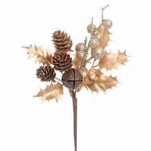 Umelý vianočný konár so šiškami, rolničkami a zlatými guľkami.