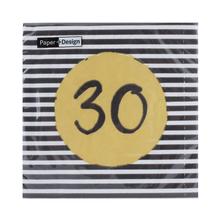 Vzorované servítky na 30. narodeniny s čiernymi pruhmi a žltým kruhom.