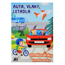 Omaľovánka s motívmi áut, vlakov a lietadiel.