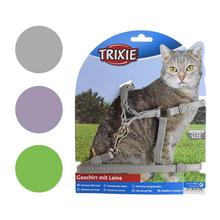 Nylonový postroj pre mačku s vodítkom v šedej farbe.