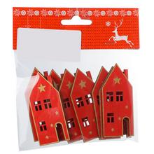 Červený a zlatý lepiaci domčeky z dreva, balenie 8 kusov.