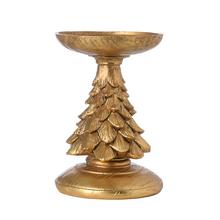 Zlatý svietnik v tvare stromčeka vyrobený z polyresinu.