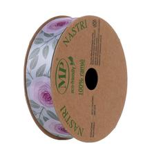 Stuha s ružovým vzorom, šírka 2,5 cm, dĺžka 15 m.