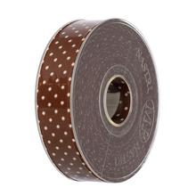 Hnedá stuha s bielymi bodkami, šírka 2,5 cm, dĺžka 15 m.