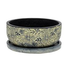 Keramický kvetináč s podložkou v žltej a čiernej farbe s kvetinovým vzorom.