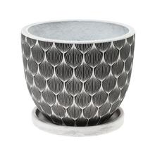 Keramický kvetináč s miskou, okrúhly, biely, 30 cm vysoký a 25 cm široký.