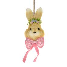 Závesná dekorácia hlavy zajačika s mašľou a kvetinovou korunou, ružová farba.