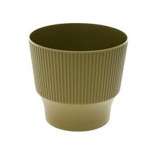Zelený okrúhly kvetináč s jemným prúžkovaným dizajnom.