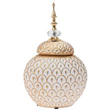 Dóza na suché aranžovanie s poklopom v orientálnom štýle, keramická, zlatá a biela.