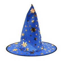 Modrý čarodejnícky klobúk so zlatými hviezdami.