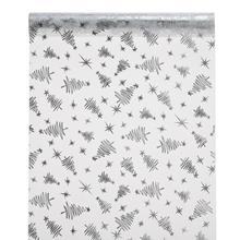 Biela organza s striebornými vianočnými motívmi.