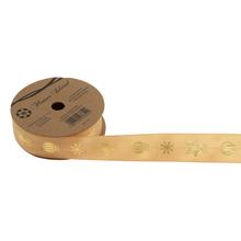 Zlatá vianočná stuha s motívom vločiek, hviezd a guľôčok.