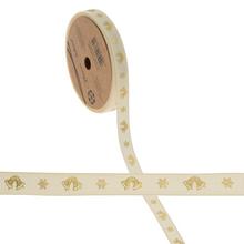 Krémová a zlatá vianočná stuha s motívom zvončeka.