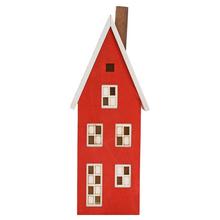 Červený domček s bielou strechou a oknami.