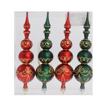 Sada plastových vianočných gúľ v červenej a zelenej farbe s ornamentmi.