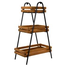 Hnedý regál s tromi policami z dreva a kovu.