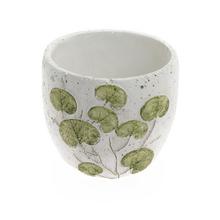 Obal na rastliny z keramiky s bielo-zeleným dizajnom.