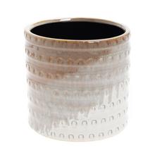 Trojfarebný keramický obal v hnedej farbe.