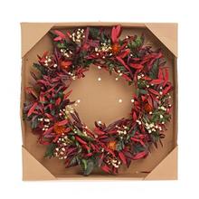 Veniec so sušenými kvetmi v bielo-bordovo-zelených farbách.