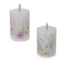 LED sviečka s kvetinovým vzorom v ružovej a modrej farbe.