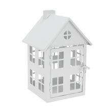 Biely kovový lampáš v tvare domčeka.