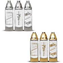 Náhrobné sviečky KAH.SKLO KVÁDER TRIO s krížom a kvetinovým vzorom.