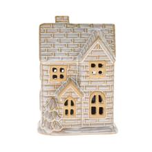 Porcelánový domček s LED osvetlením, biele a hnedé farby.