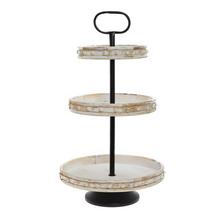 Okrúhly etažér s tromi podnosmi, biely drevo a kov.