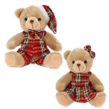 Medveď sediaci v karo oblečení, 20 cm.