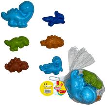 Sada pieskových formičiek dinosaurov v rôznych farbách.