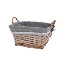 Obdĺžnikový košík so šedou látkou a rúčkami.