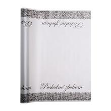 Strieborná fólia s nápisom Posledné zbohom, 50cm x 8m.