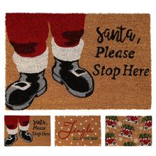 Vianočná rohož s nápisom 'Santa, Please Stop Here'.