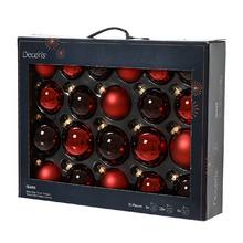 Sklenené vianočné gule tmavočervenej farby, lesklé a matné, balenie 21 kusov.