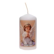 Sviečka s anjelom, valcová, biela, dekoratívna.