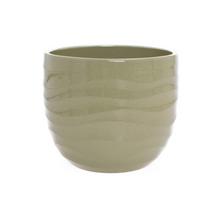Jednofarebný keramický kvetináč v olivovej farbe.