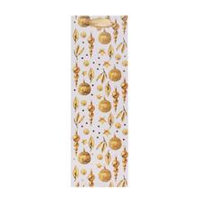 Vianočná taška na fľašu s zlatými ozdobami.