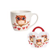 Šálka sova na konáriku s červenými srdiečkami